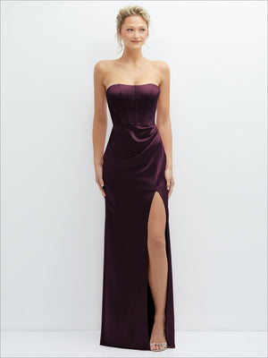 Deep plum satin strapless corset maxi dress with draped column skirt and side slit