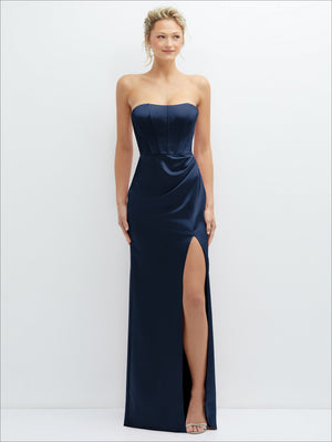 Strapless satin maxi dress with corset bodice and draped column skirt, midnight navy tone, front slit