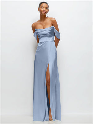 Light blue satin A-line maxi dress with convertible off-shoulder neckline and thigh slit