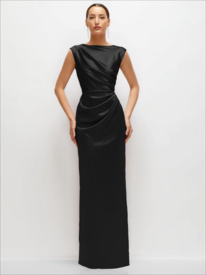 Black satin high-neck sleeveless cap-shoulder maxi dress with ruched waist drape