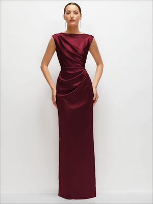 Burgundy satin high-neck sleeveless maxi dress with ruched drape at waist and long hem.
