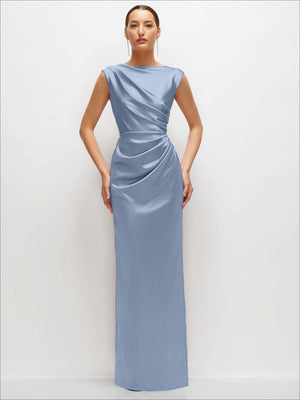 Powder blue satin maxi dress, high neck sleeveless cap shoulders, ruched front