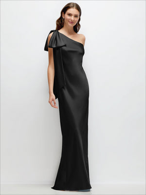 Black satin one-shoulder maxi dress with cascading shoulder bow