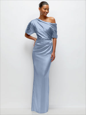 Light blue satin maxi dress with asymmetrical off-shoulder neckline and pleated waist