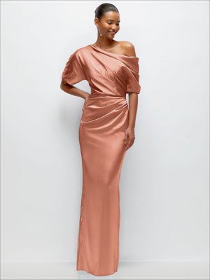 Asymmetrical off-the-shoulder pleated satin maxi dress, dusty rose, draped waist