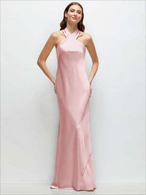 Pink satin maxi dress with halter neckline and slim silhouette, side slit detail