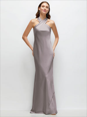 Pleated halter bias satin maxi dress in light gray, sleeveless with bias-cut drape