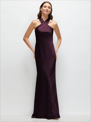 Satin halter maxi dress with self-tie bow back, deep plum.