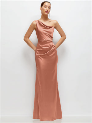 One-shoulder satin maxi dress in rose pink, ruched bodice, fit-and-flare silhouette