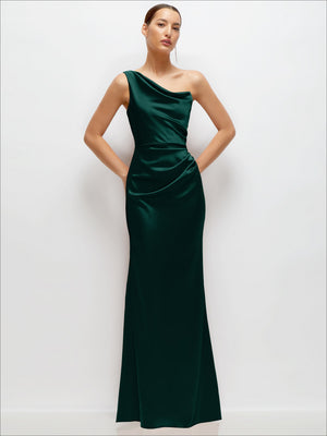 One-shoulder satin maxi dress in deep green, draped neckline, fitted to flared hem