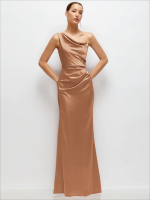 One-shoulder satin fit-and-flare maxi dress in rose bronze, draped cat-eye neckline