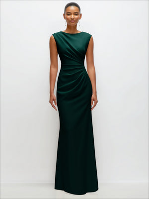 Cap-sleeve sleeveless crepe maxi dress with gathered waist, deep green
