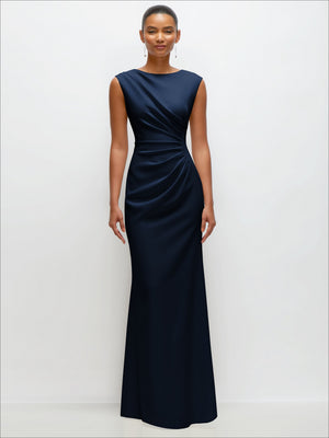 Navy sleeveless maxi dress with cap shoulders, ruched draped waist, trumpet skirt