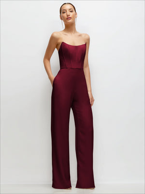 Burgundy strapless corset jumpsuit with straight neckline and wide-leg crepe