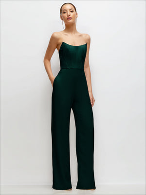 Strapless corset jumpsuit in dark green with structured bodice and wide-leg crepe
