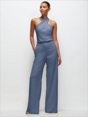 Pleated halter crepe jumpsuit in blue, wide-leg pants, sleeveless halter neckline