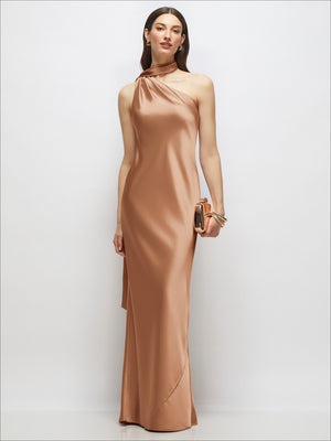 Draped Scarf One-Shoulder Bias Stretch Satin Maxi Dress