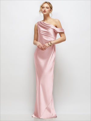 One-shoulder draped bias satin maxi dress in ballet pink, sleeveless, side slit