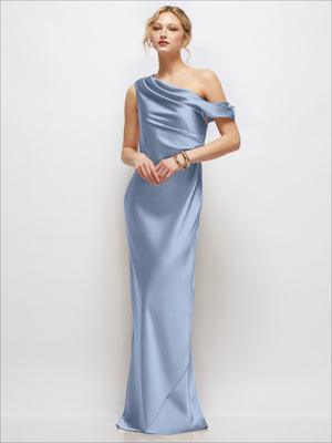 Draped one-shoulder satin maxi dress in soft light blue, gathered shoulder drape