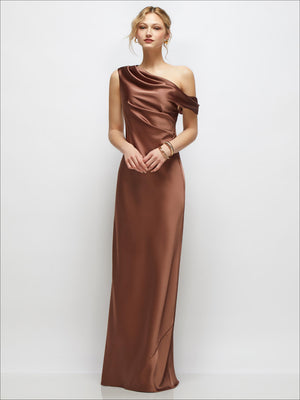 Espresso one-shoulder satin maxi dress with draped asymmetrical wrap detail