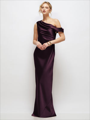 Draped one-shoulder bias stretch satin maxi dress in cabernet with off-shoulder drape.