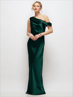Draped one-shoulder bias satin maxi dress in deep green, one-shoulder wrap