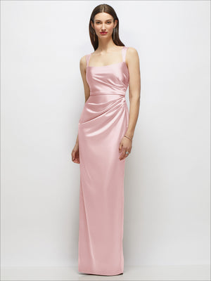 Light pink satin maxi dress with scoop neckline, draped ruched column, sleeveless