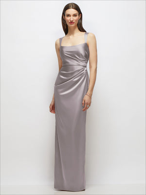 Champagne satin maxi dress with scoop neckline, sleeveless draped bodice, column fit
