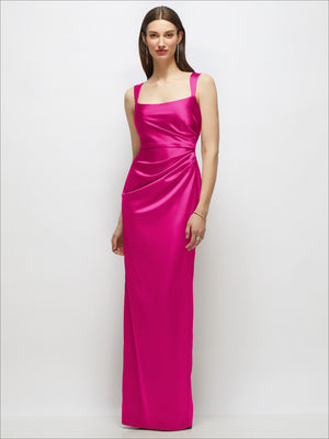 Fuchsia satin maxi dress with scoop neckline, draped ruched column, sleeveless