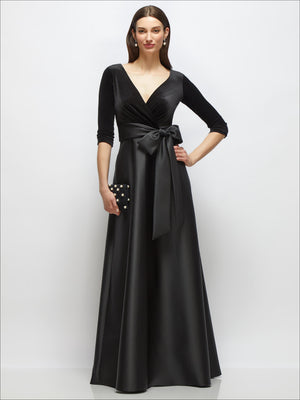 Black velvet-and-satin wrap bodice dress, 3/4 sleeves and tie sash, full skirt