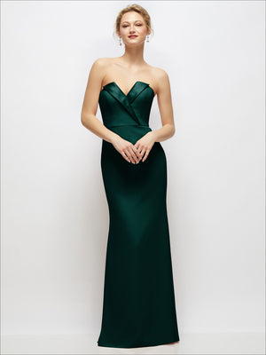 Evergreen strapless crepe tuxedo gown with satin lapels and button detail