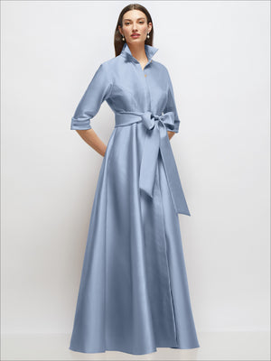 Satin shirt dress with sash and jeweled button front, powder blue, front view, ribbon bow detail.
