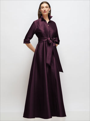 Plum satin shirt dress gown with 3/4 sleeves, sash tie, jeweled buttons