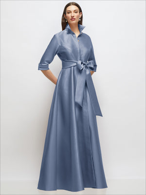Powder blue satin shirt dress gown with 3/4 sleeves, bow sash, jeweled buttons