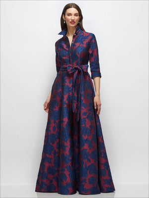 Floral jacquard shirt dress gown with waist sash and jeweled button placket, navy-burgundy