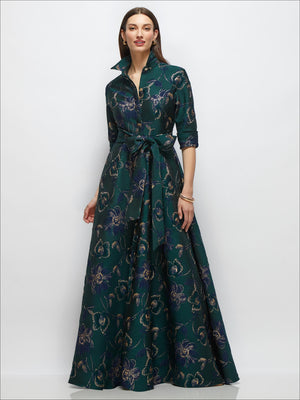 Evergreen metallic floral jacquard shirt dress with waist sash and jeweled buttons