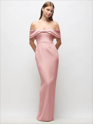 Blush off-shoulder crepe column maxi dress with bow-pinch detail, sleeveless neckline