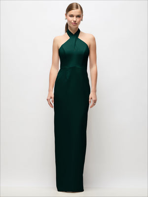 Criss-cross halter open-back crepe column maxi dress, deep green; sleeveless column silhouette.