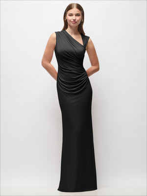 Asymmetrical cap-sleeve column maxi dress in black with draped front ruching