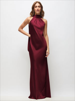 Burgundy satin halter maxi dress with draped neckline and adjustable straps