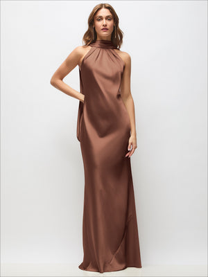 Draped Scarf Halter Open-Back Stretch Satin Bias Maxi Dress with Adjustable Straps