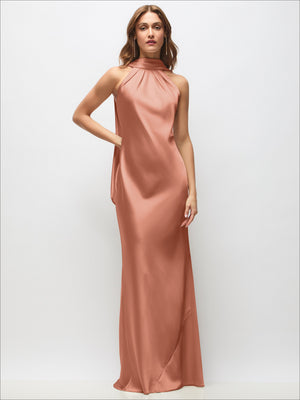Blush pink satin halter maxi dress with draped neckline, open back, adjustable straps