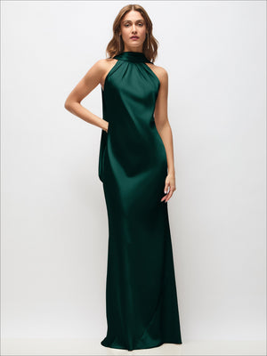 Evergreen satin halter maxi dress with high neckline and draped back