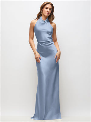 Light blue satin maxi dress with high cowl neck and sleeveless fitted bodice