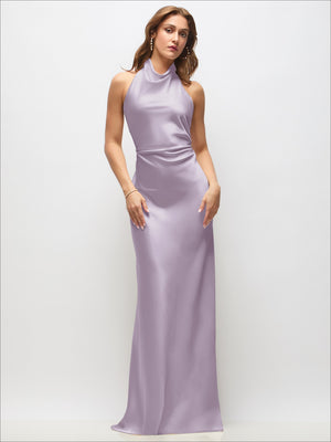 Lilac satin bias maxi dress with high cowl neck and sleeveless design