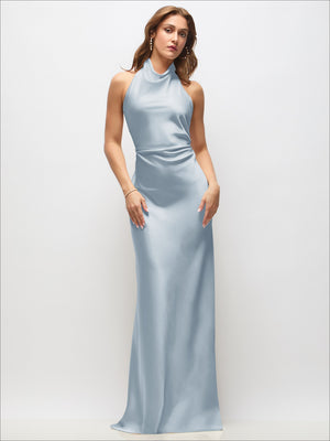 Light blue satin maxi dress with high cowl neck and sleek sleeveless silhouette