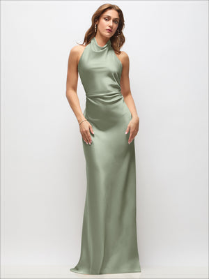 Sage green satin maxi dress with high cowl neck and fitted sleeveless bodice