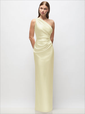 Butter yellow one-shoulder draped satin column maxi dress with asymmetrical neckline