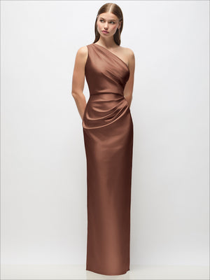 Brown one-shoulder draped satin column maxi dress with soft draped bodice