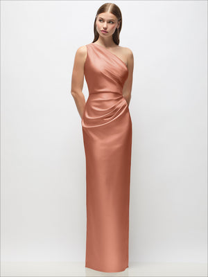Rose pink one-shoulder draped satin column maxi dress with gathered waist